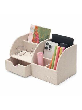 Desk Organizer Faux Leather Pen Holder Storage Drawer Office Supplies Holder